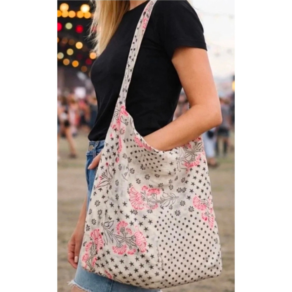 Free People Cotton Boho Tote Bag Reusable Star Floral Polka Dot Lightweight